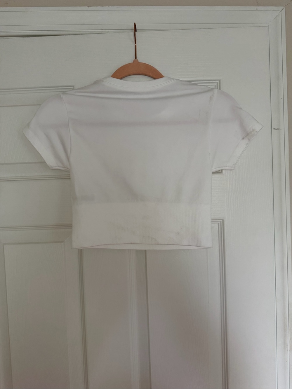 Women's White Ribbed Crop Tee - Casual Crew Neck - Picture 3 of 5